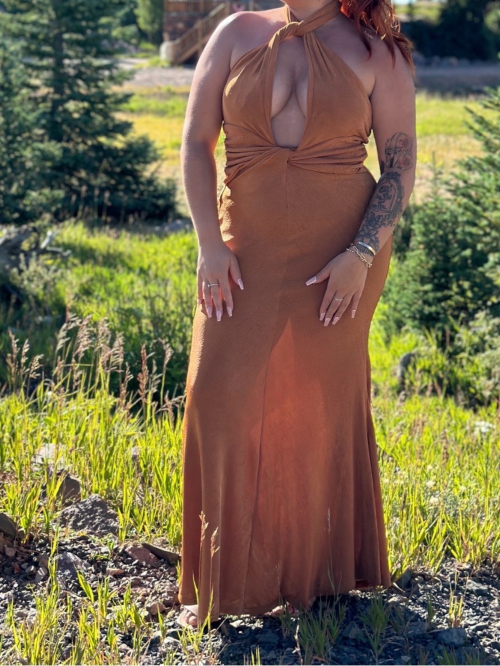 Luxxel Copper Halter Twist Maxi Dress